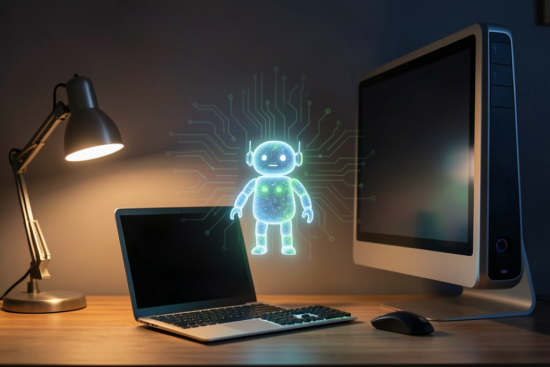 Holograma de un pequeño robot de luz flotando sobre un escritorio con portátil y PC