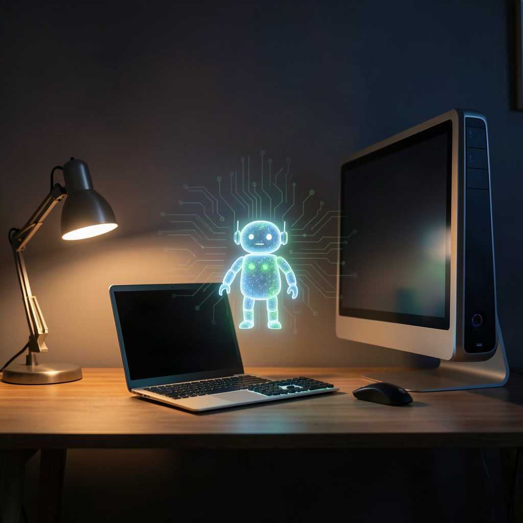 Holograma de un pequeño robot de luz flotando sobre un escritorio con portátil y PC