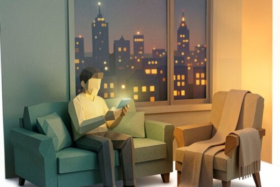 Persona en un sofá usando un chatbot de compañía al atardecer, con un sillón vacío al lado