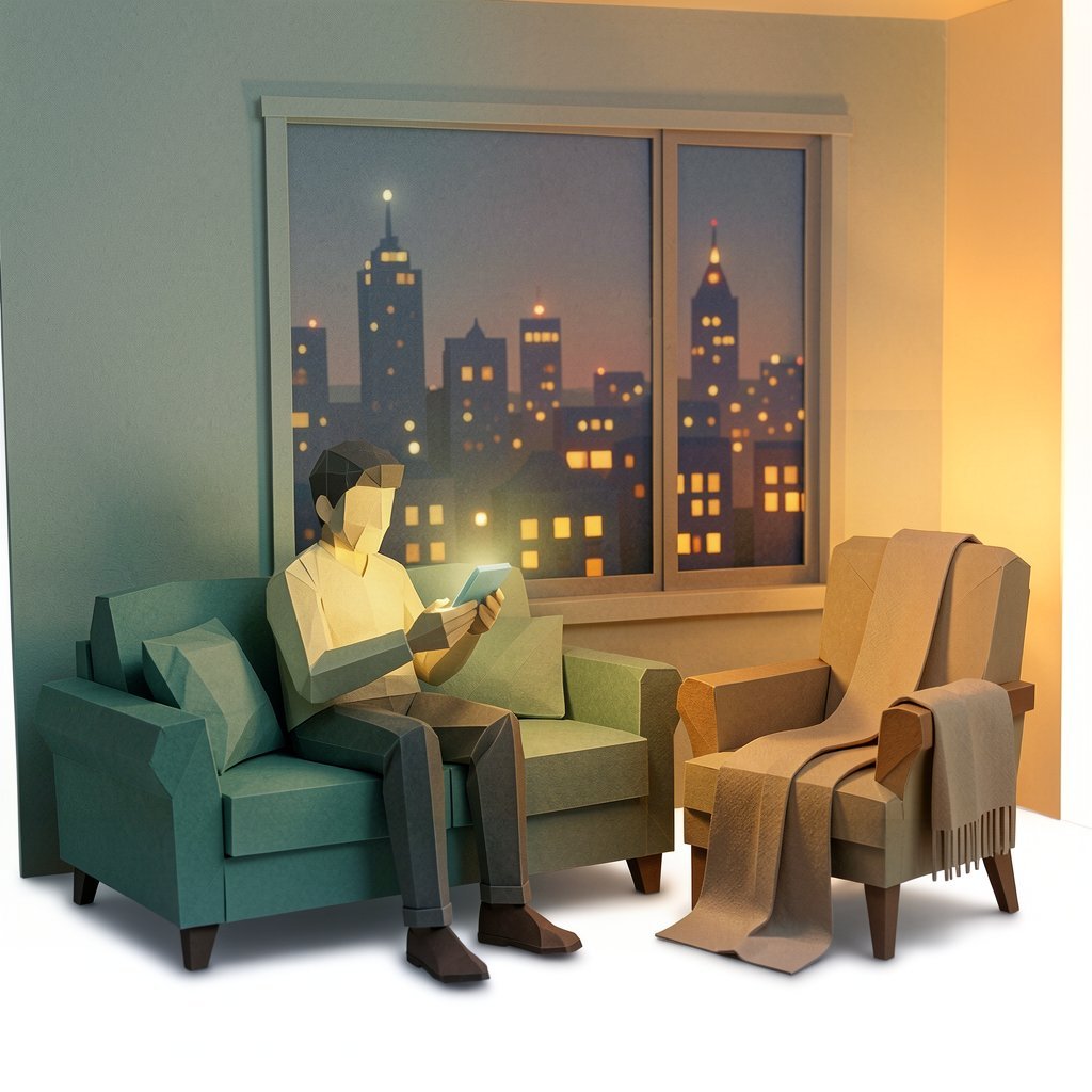 Persona en un sofá usando un chatbot de compañía al atardecer, con un sillón vacío al lado