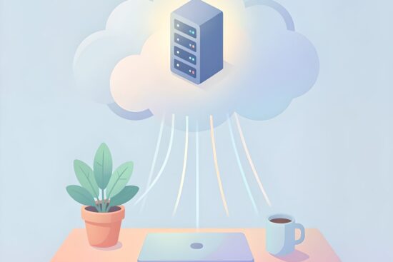 Ilustración de un servidor dentro de una nube unido por haces de luz a un escritorio con un portátil cerrado, una planta y una taza