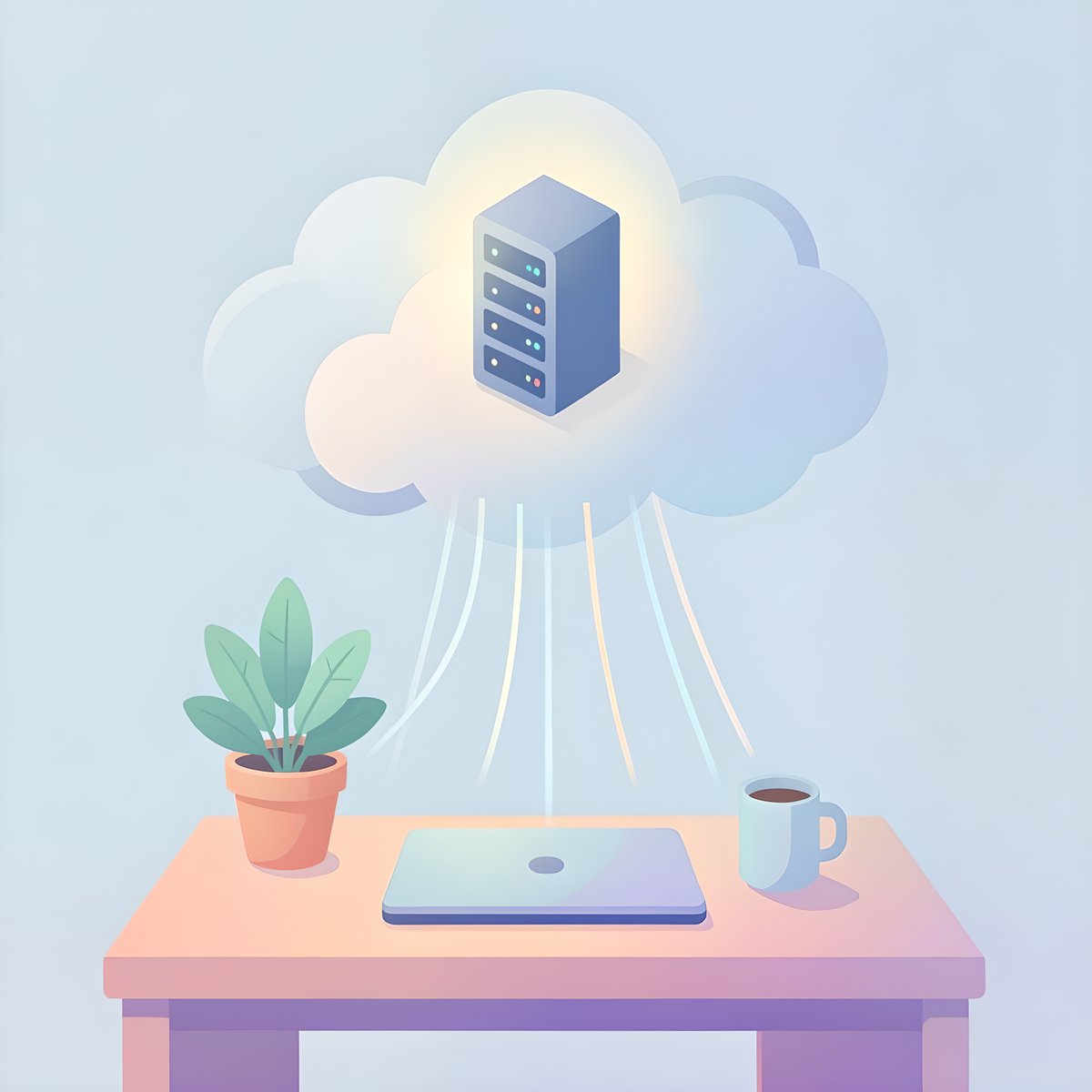 Ilustración de un servidor dentro de una nube unido por haces de luz a un escritorio con un portátil cerrado, una planta y una taza