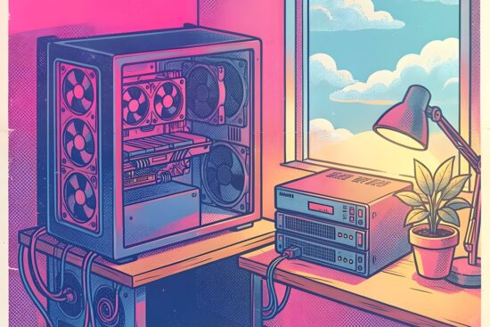 Ilustración de una torre de PC abierta con una tarjeta gráfica grande junto a un pequeño servidor, un flexo y una planta ante una ventana con nubes